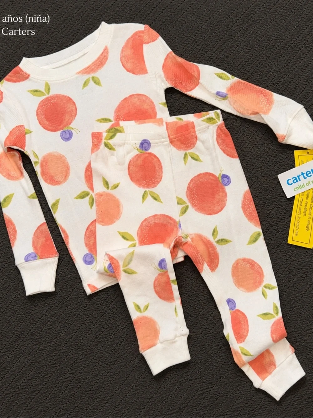 Carter's Cream Peach Print Long Sleeve Pajama Set with Green Leaves